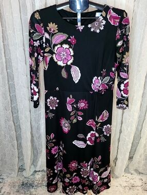Talbots Size 10 Black Floral Ruched Long Sleeve Boho Ruffle Hem Midi Dress